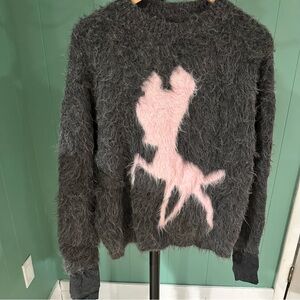 MO&Co. Oversized Fuzzy Alpaca Wool Blend Sweater Grey Pink Graphic